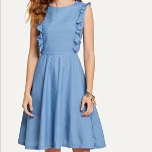 NEW Chambray blue ruffle front dress.
